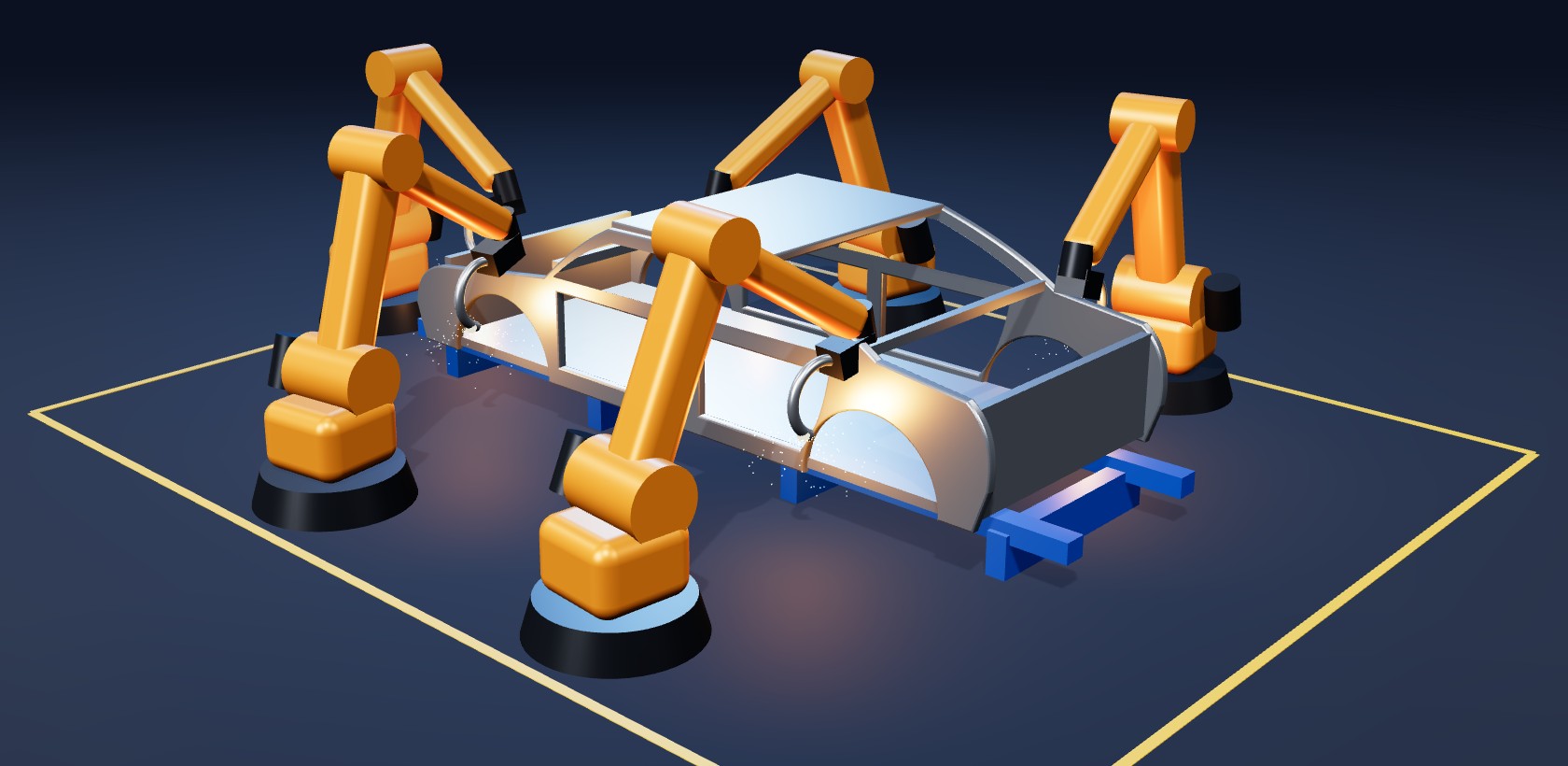 Robots spot-welding a car body-in-white in a simulated welding cell